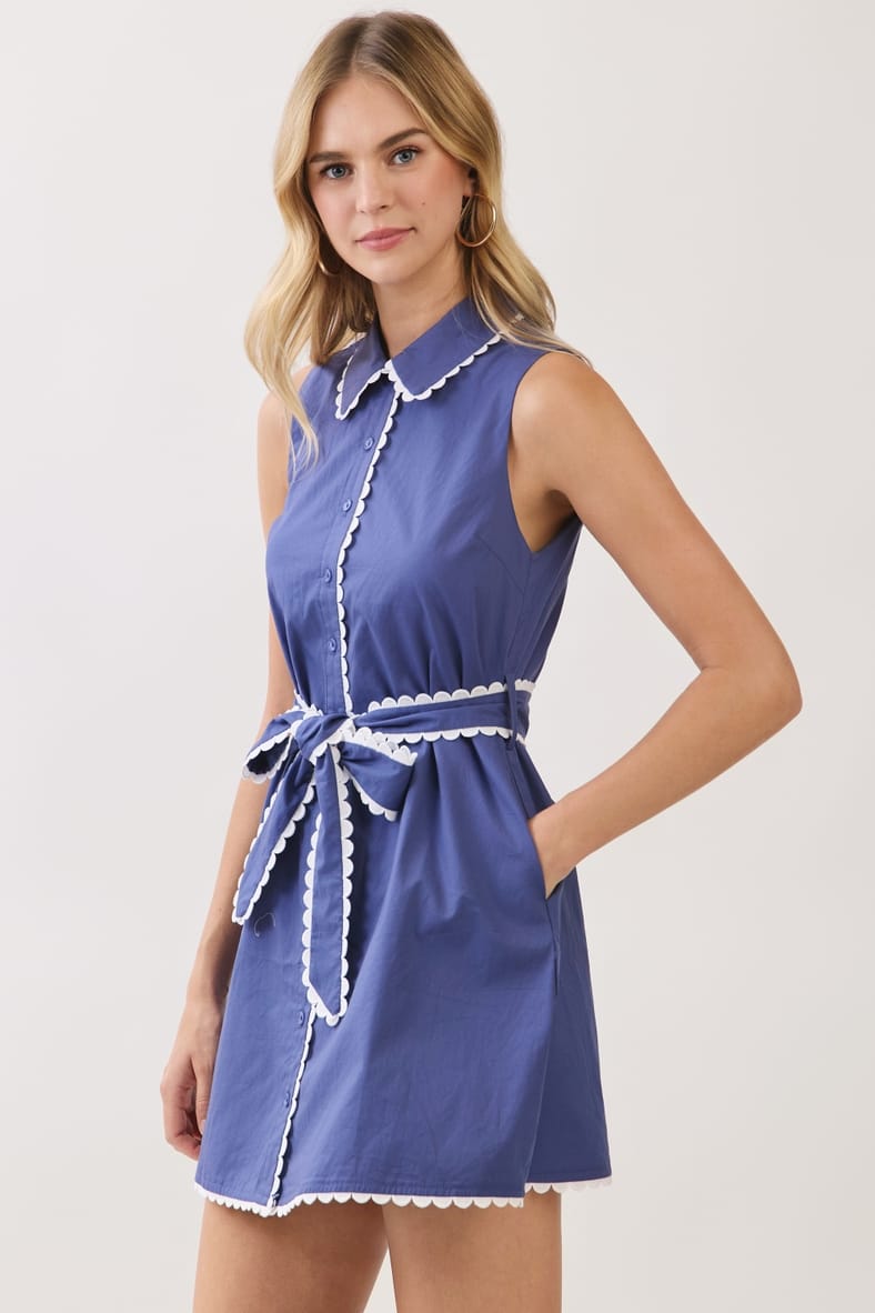 Scallop Trim Sleeveless Mini Shirt Dress with Sash Belt