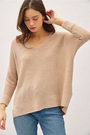 Be Cool V-Neck Sweater with Side Slits in Sand