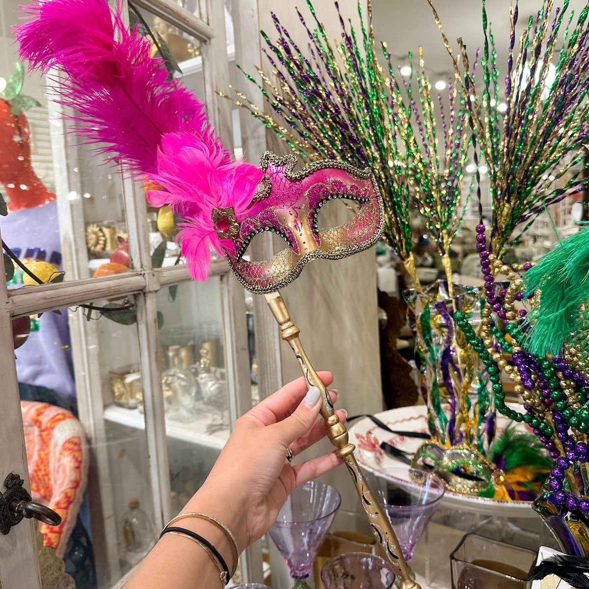 Mardi Gras Creations Hot Pink & Gold Anarkali Mask with Feathers & Detachable Stick - Little Miss Muffin Children & Home