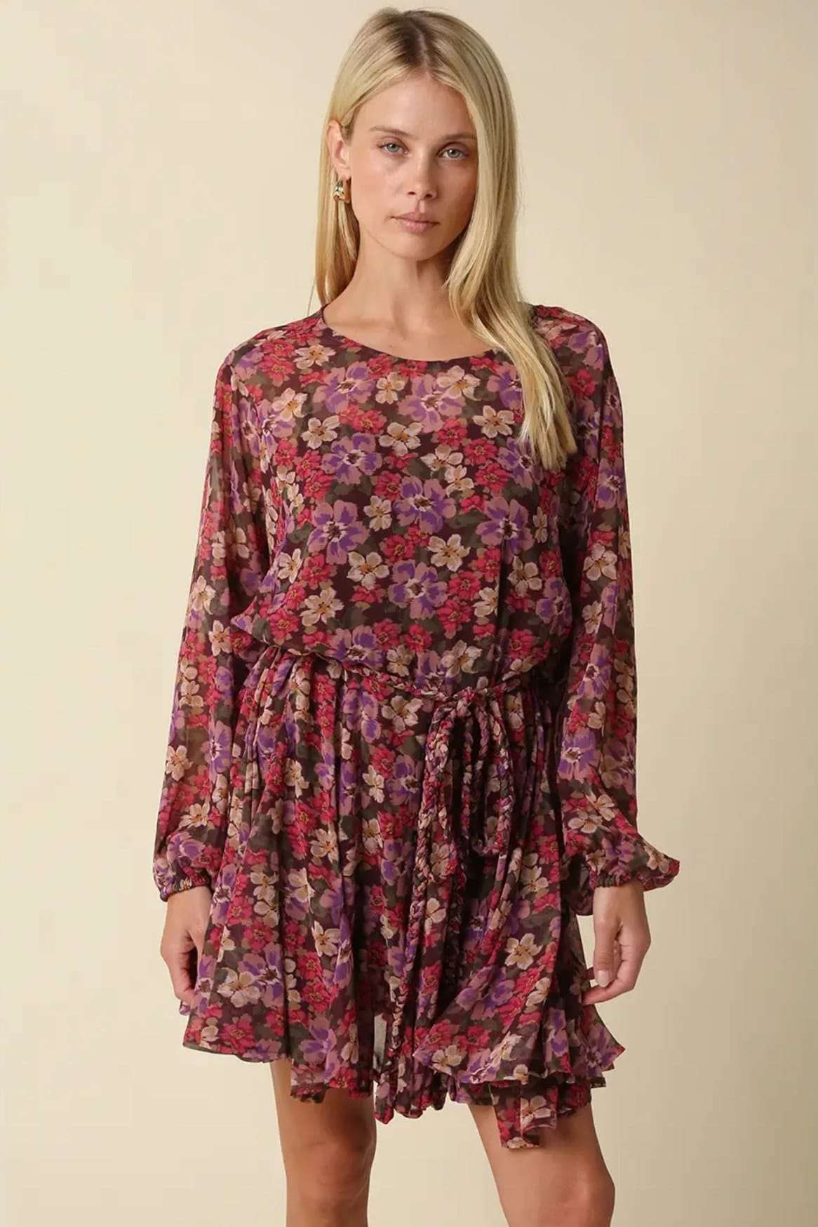 Emily belted floral mini dress with balloon sleeves and braided tie belt, front view