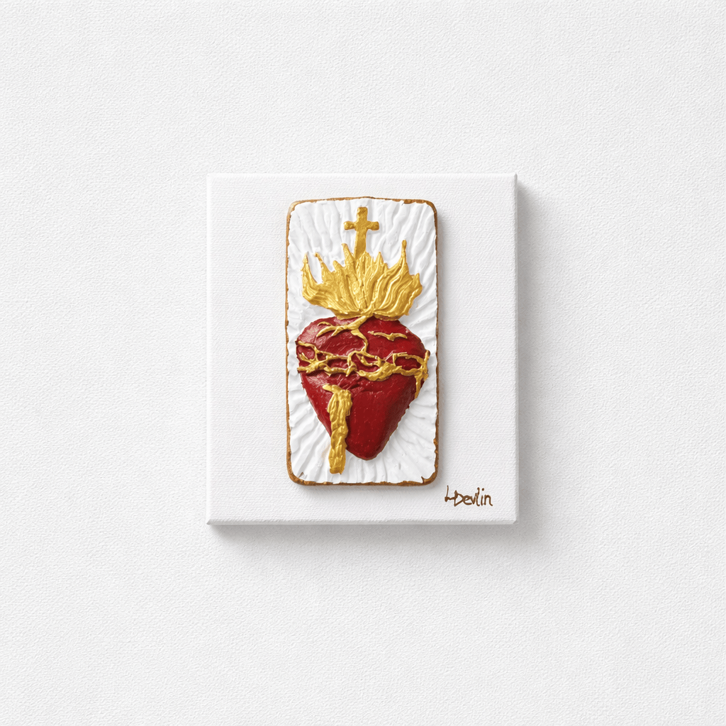 Red/Gold Clay Painted Sacred Heart with Flame 5x5