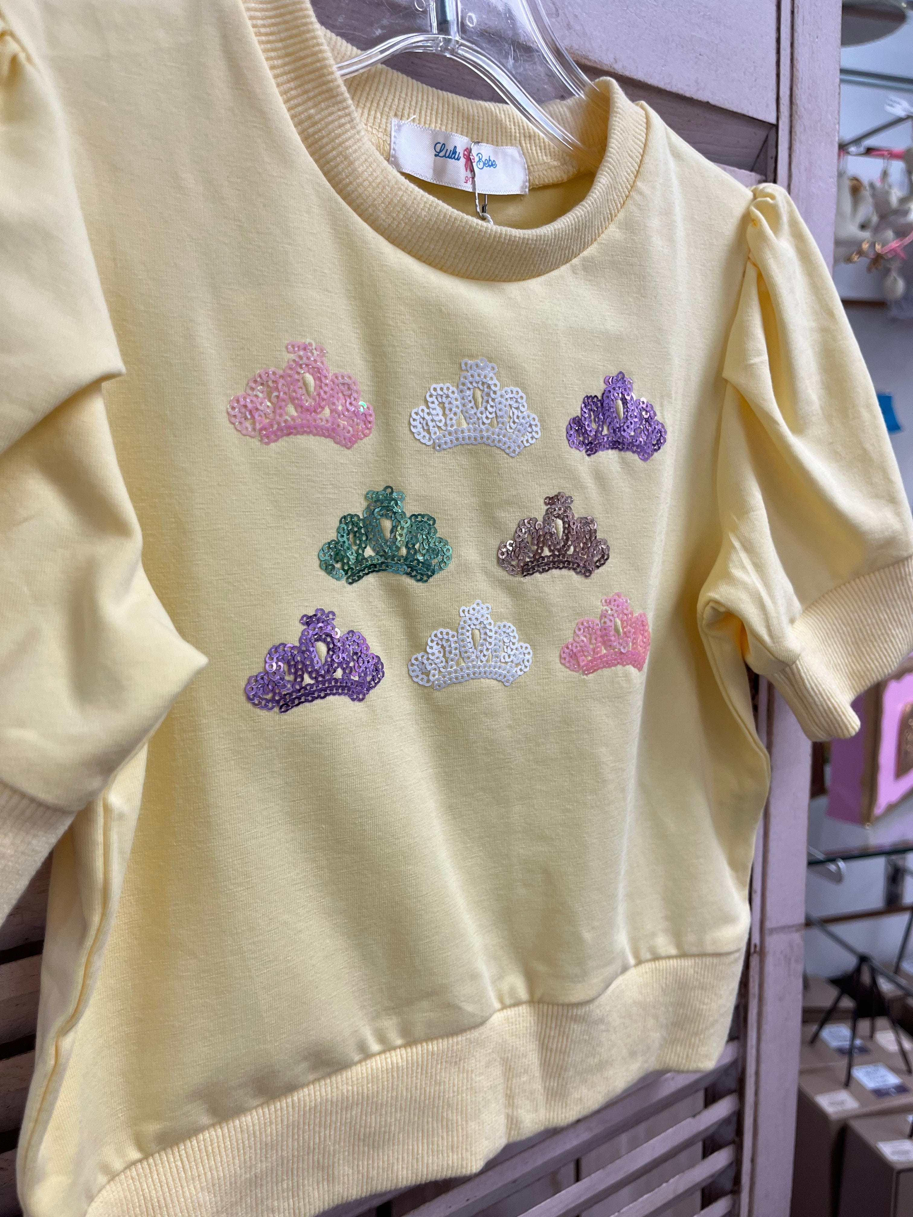 Lulu Bebe Lulu Bebe Multi Pastel Sequin Crown Puffy Yellow Top - Little Miss Muffin Children & Home