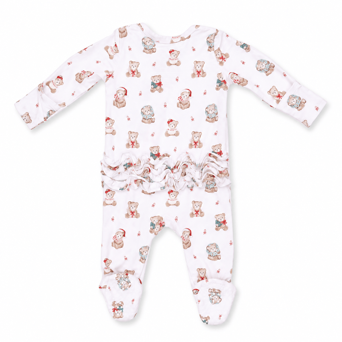 Christmas Teddy Bears Pink 2 Way Ruffle Back Zipper Footie