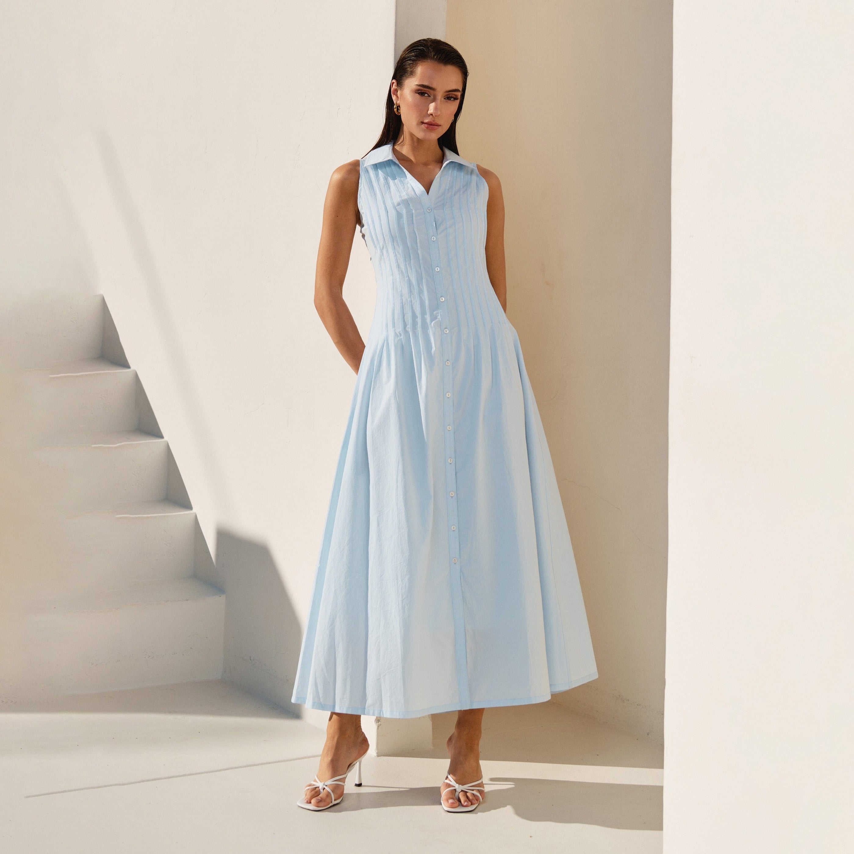 Pintuck Sleeveless Maxi Dress