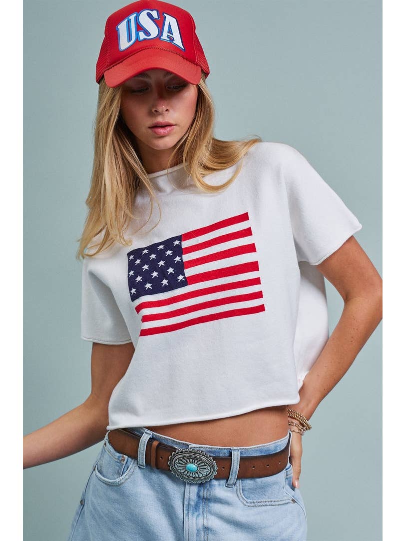American Flag Graphic Raw Edge Crop Tee
