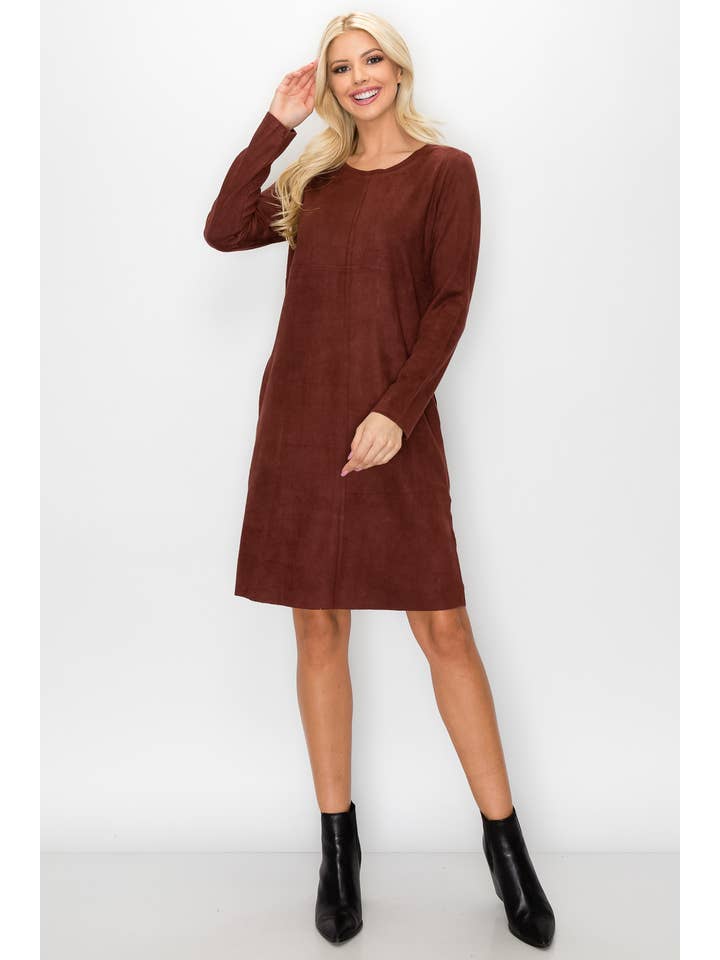 Aurora Stretch Suede Dress with Pockets in Mahogony