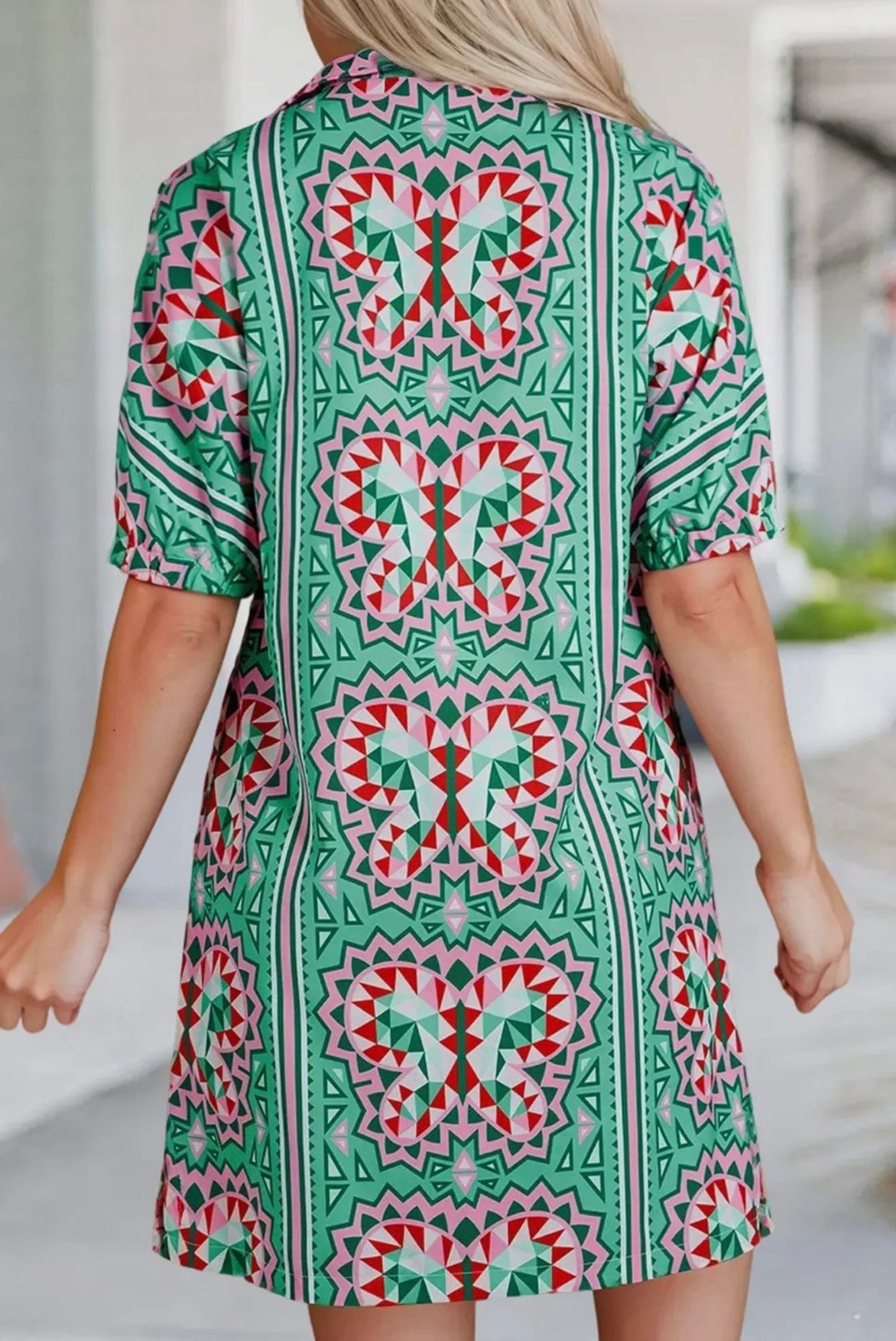 Aapparella Aapparella Geometric Butterfly Print Split Neck Mini Dress - Little Miss Muffin Children & Home