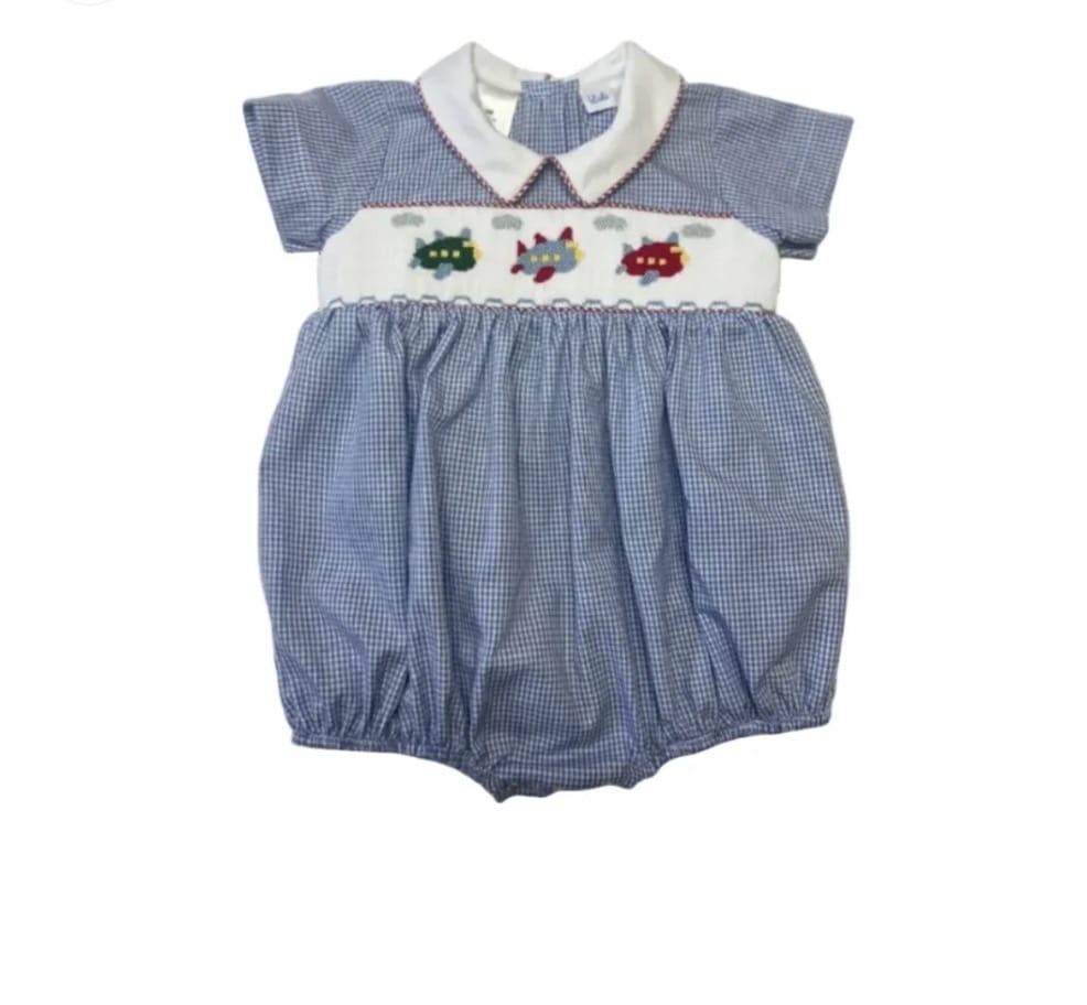 Noah Airplane Smocked White Collared Bubble