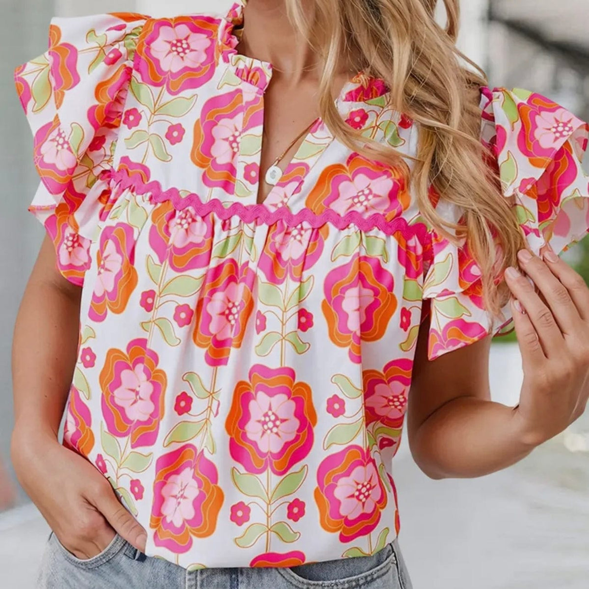 Aapparella Aapparella Floral Ruffled Sleeve Ric-Rac Trim Shift Blouse - Little Miss Muffin Children & Home