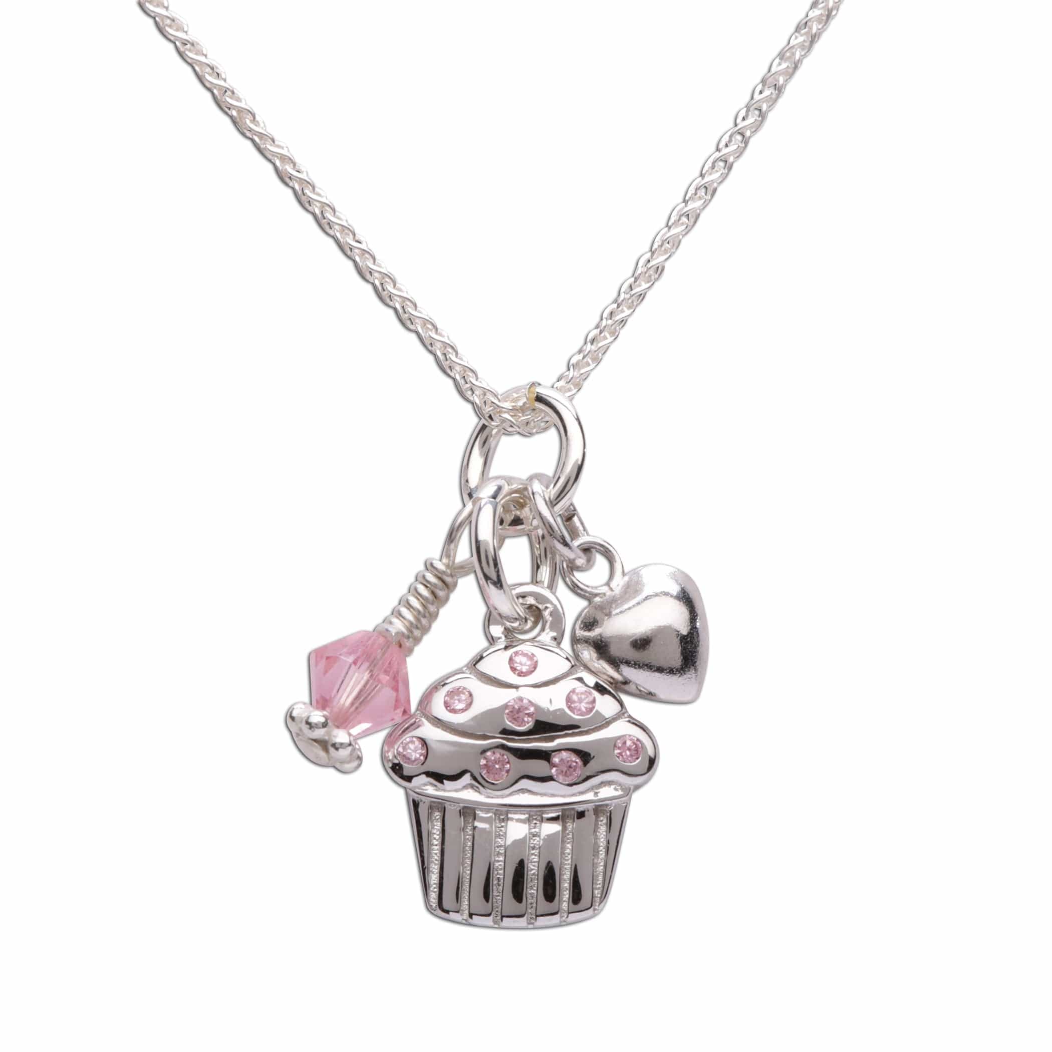 sterling silver girls pink cupcake necklace with cubic zirconias