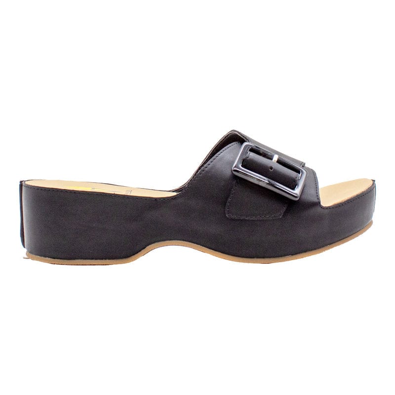 Black Bertha Faux Leather Slide Sandal with Tortoise Shell Buckle