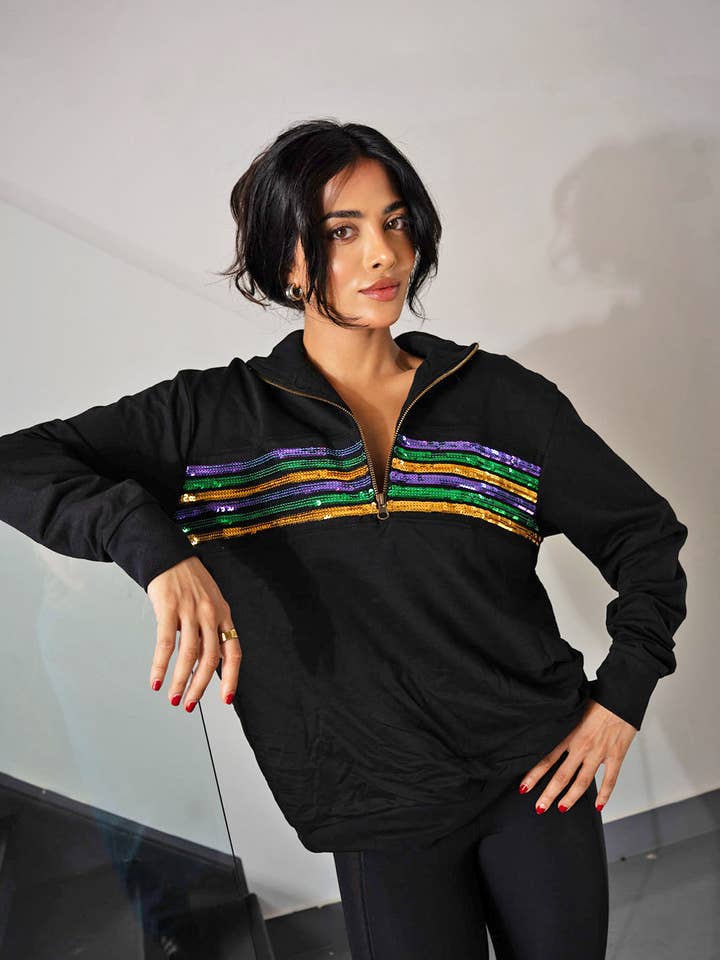 Black Mardi Gras Adult Sequin Chest Stripe 1/4 Zip Pullover