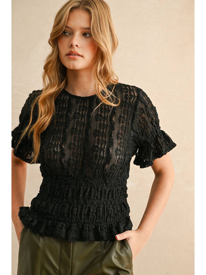 Black Short Sleeve Lace Blouse