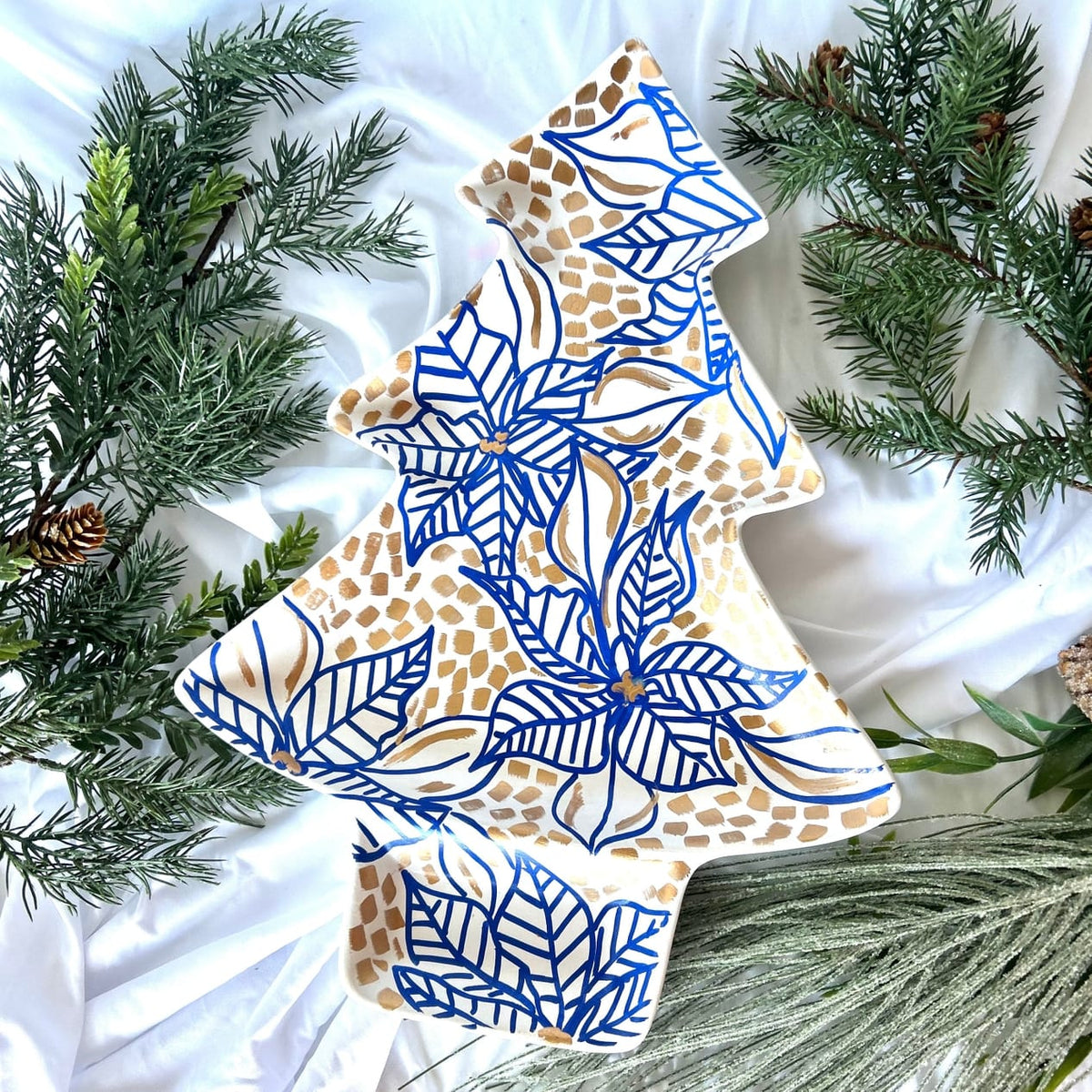 Blue Poinsettia Christmas Tray