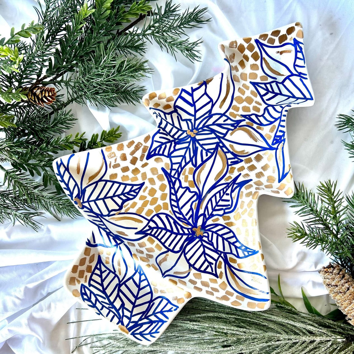 Blue Poinsettia Christmas Tray