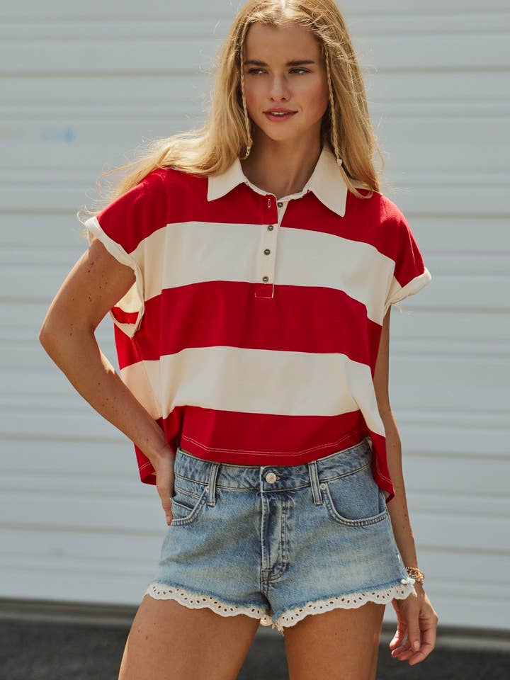 Bold Striped Dolman Sleeve Polo Shirt