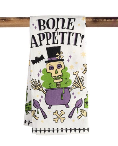 Halloween-themed towel with skeleton design and 'Bone Appetit!' text.