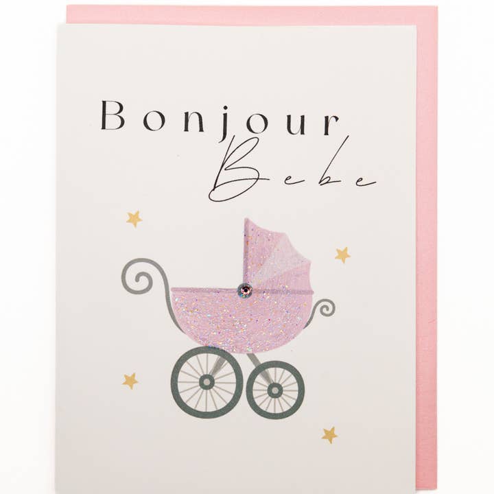 'Bonjour Girl' Baby Carriage Baby Shower Greeting Card