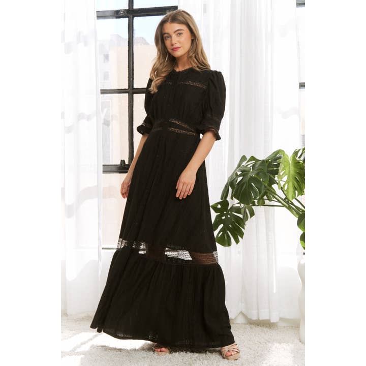 Button Down Maxi Shirt Dress with Lace Trim in Black