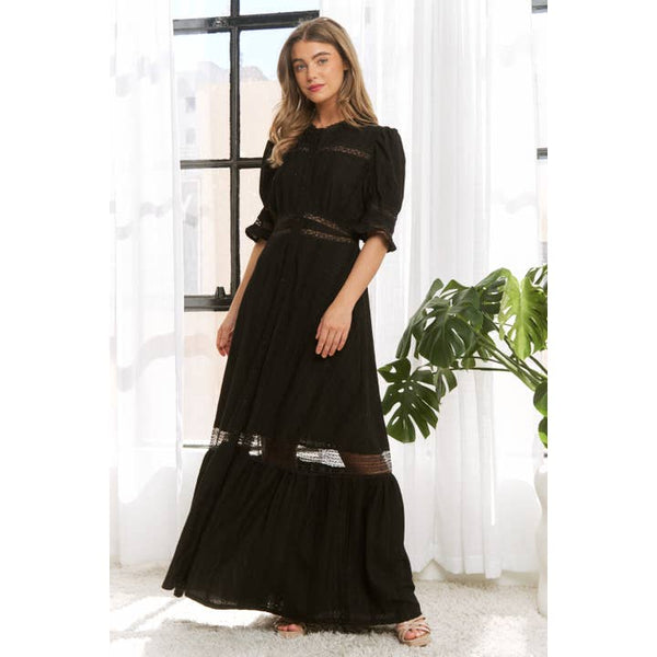 Button Down Maxi Shirt Dress with Lace Trim in Black Button Down Maxi Shirt Dress with Lace Trim in Black