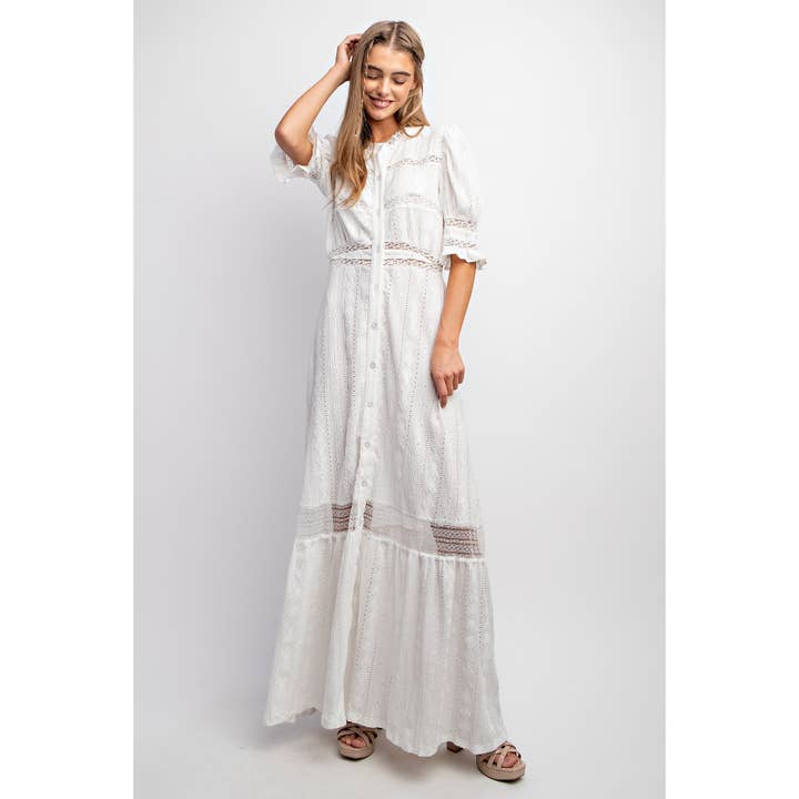 Button Down Maxi Shirt Dress with Lace Trim in White Button Down Maxi Shirt Dress with Lace Trim in White
