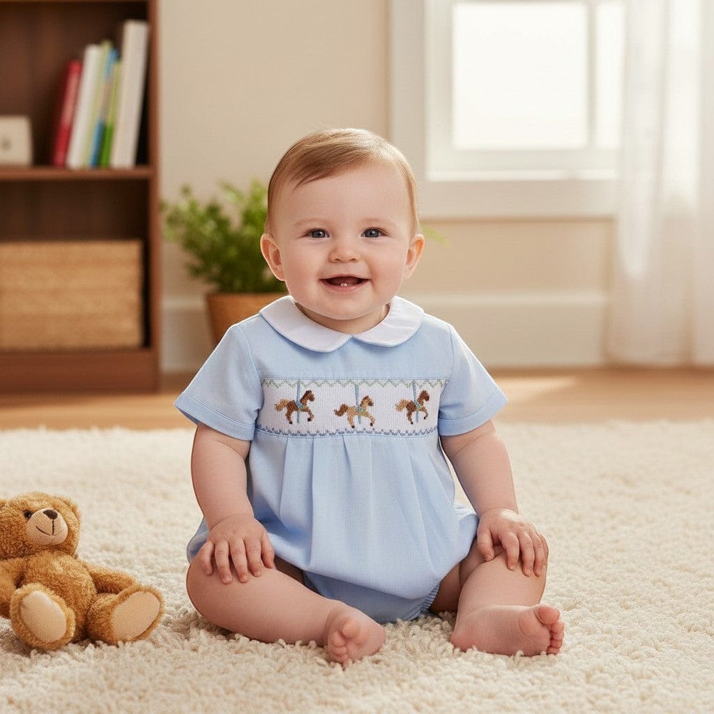 Boys Hand Smocked Light Blue Carousel Horse Classic Creeper Bubble Romper