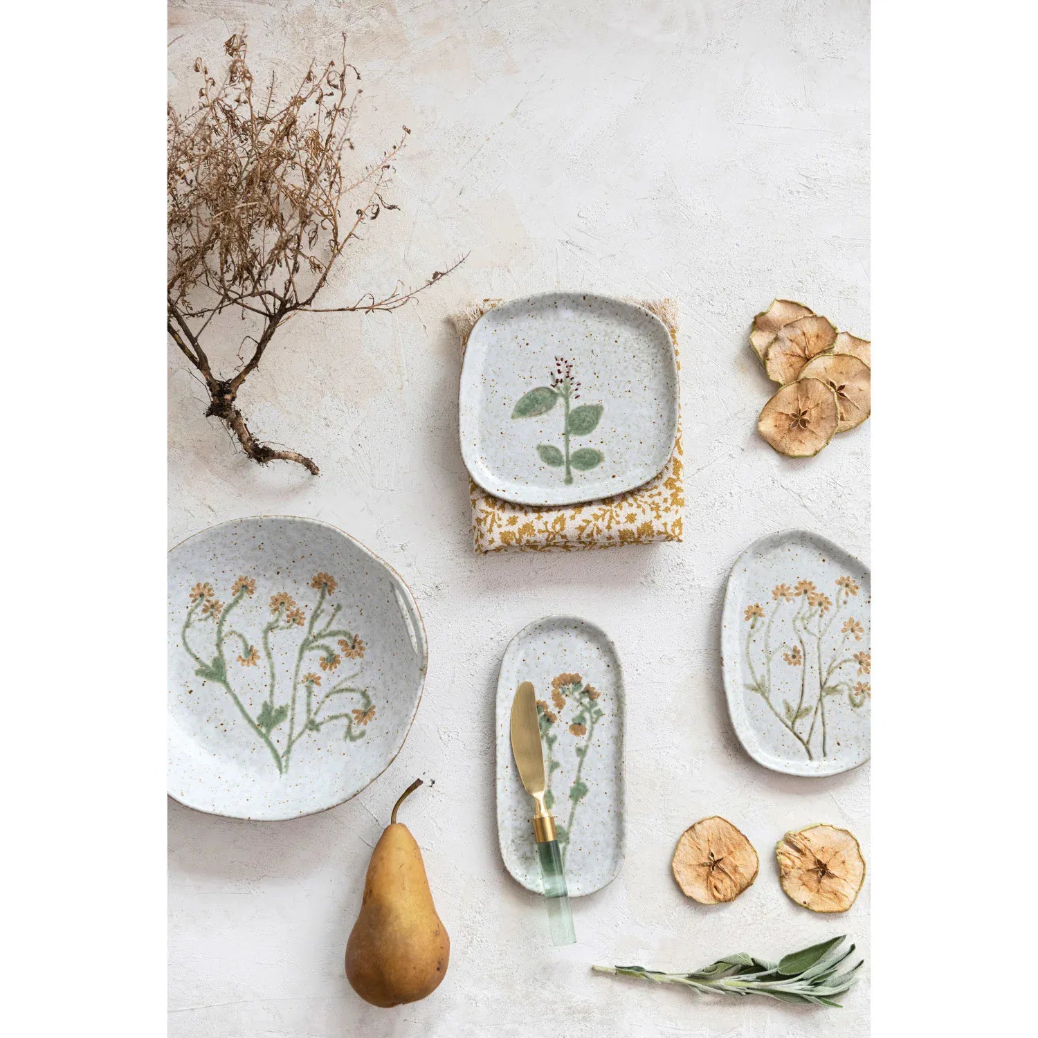 Hand-Painted Stoneware Bowl with Handles & Botanicals (Each One Will Vary)