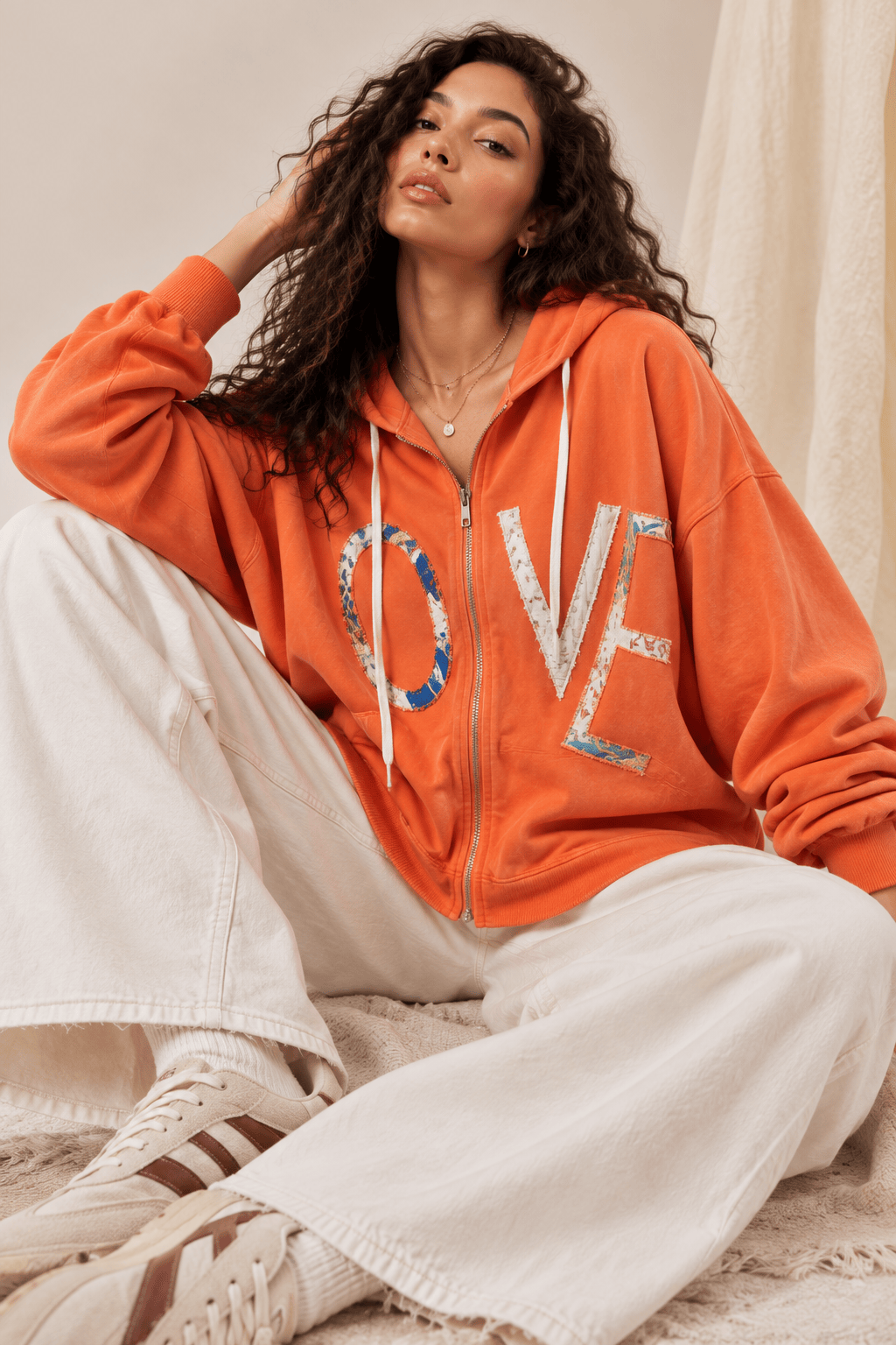 Zip Up Hooded Sweatshirt with Love Patchwork