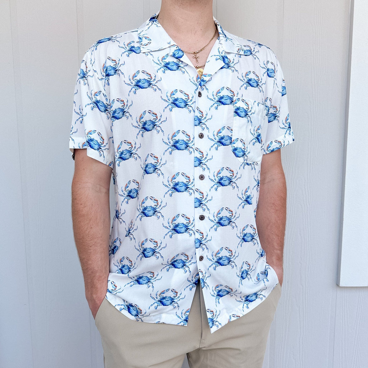 mens blue crab button up shirt