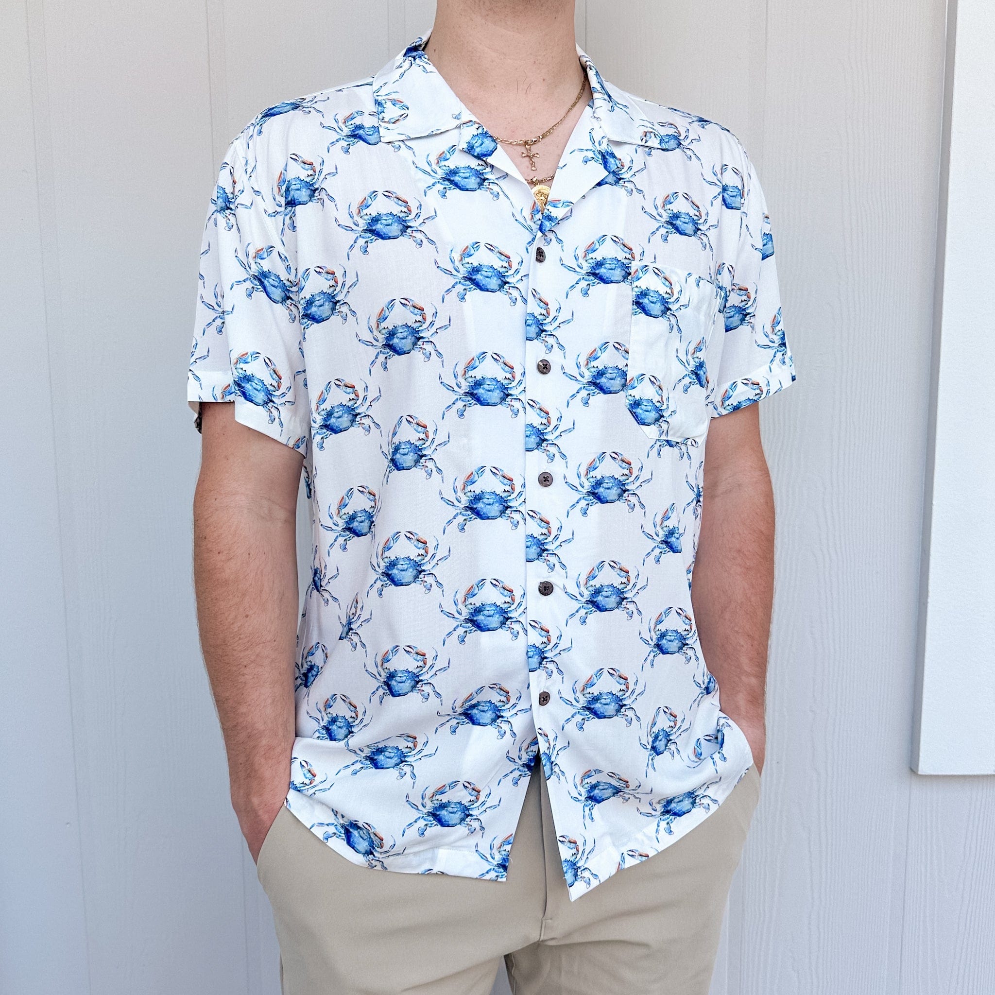 mens blue crab button up shirt