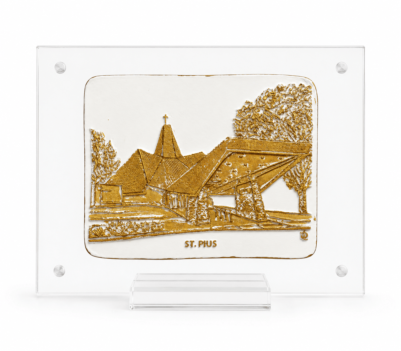 St Pius Church Clay Piece on Acrylic
