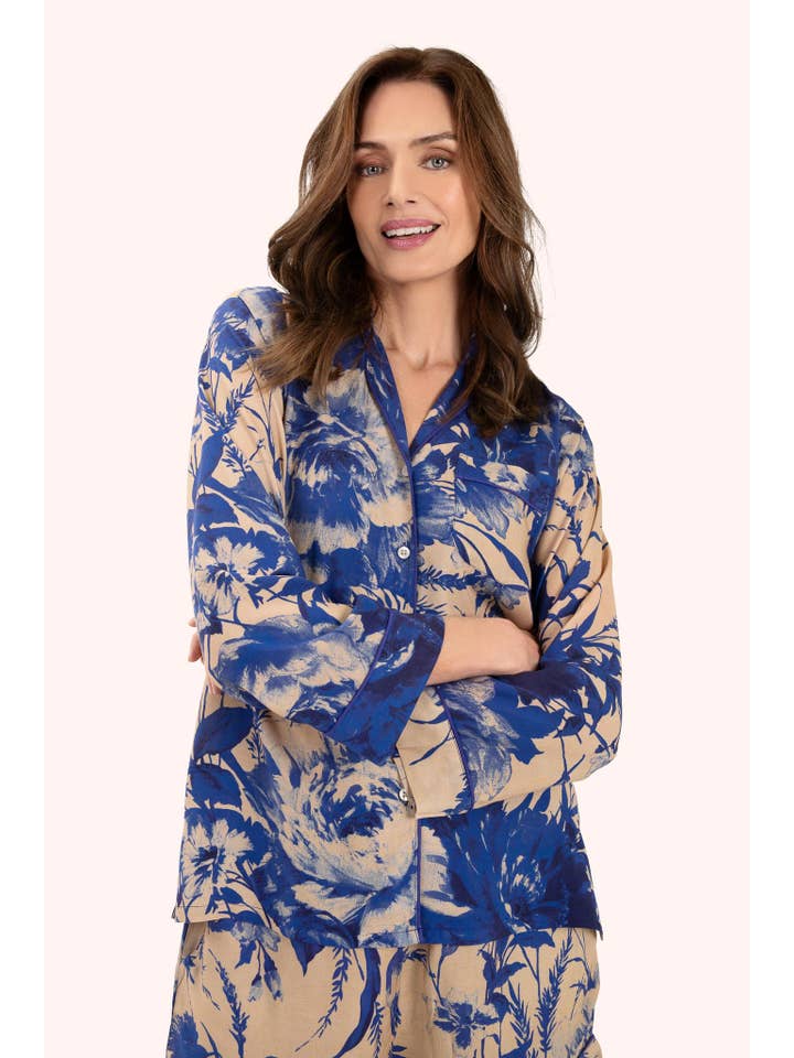 blue floral two piece pajamas