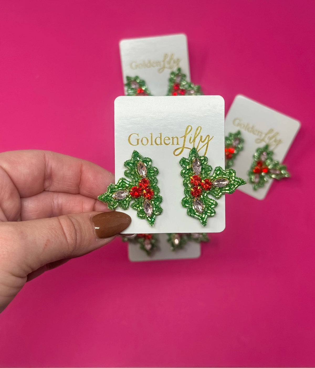 Christmas Holly Sparkle Stud Earrings