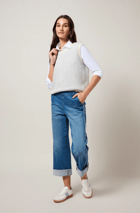 Claire Textured Mesh Sweater Shell in Ecru/Azzuro