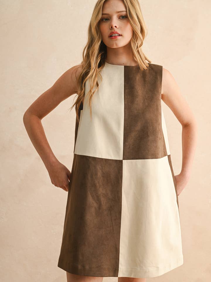 Color Block Suede Shift Dress brown