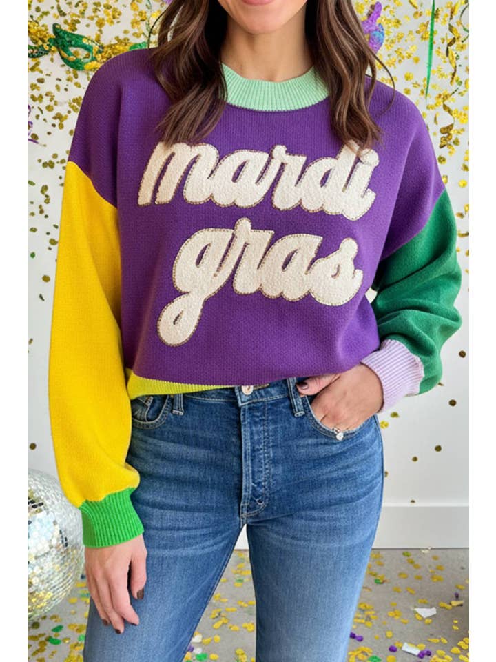 Colorblock Patchwork Fuzzy Mardi Gras Sweater