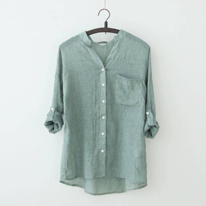 Cotton Linen Button Down Roll Sleeve Blouse in Seaglass
