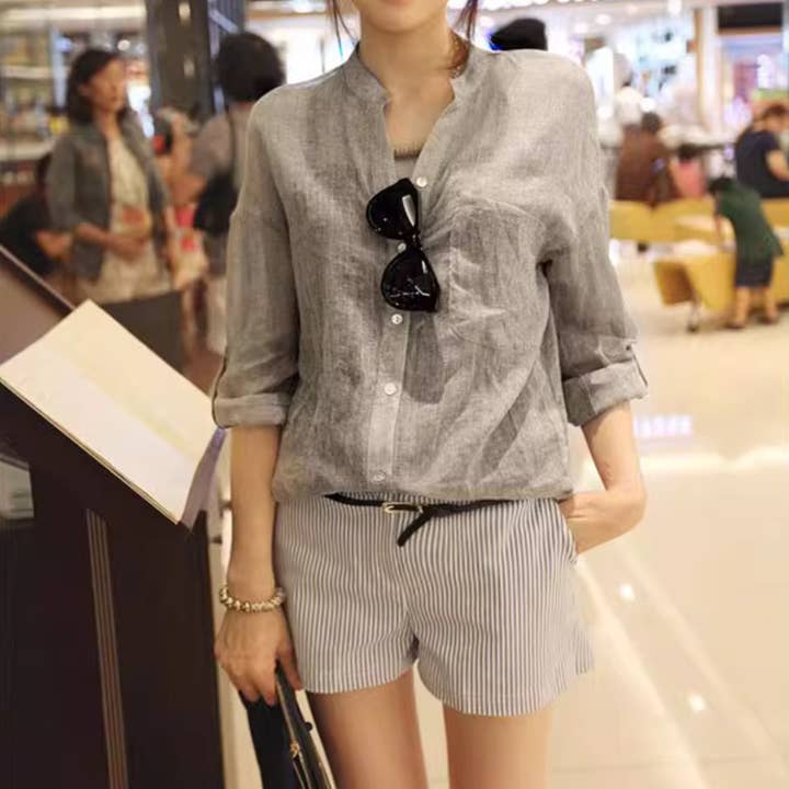 Cotton Linen Button Down Roll Sleeve Blouse in Taupe