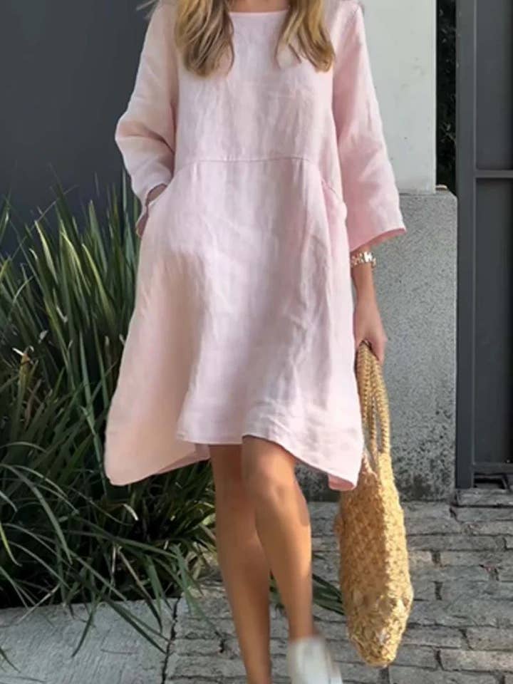 Cotton Linen Knee Length Dress with Pockets in Pink