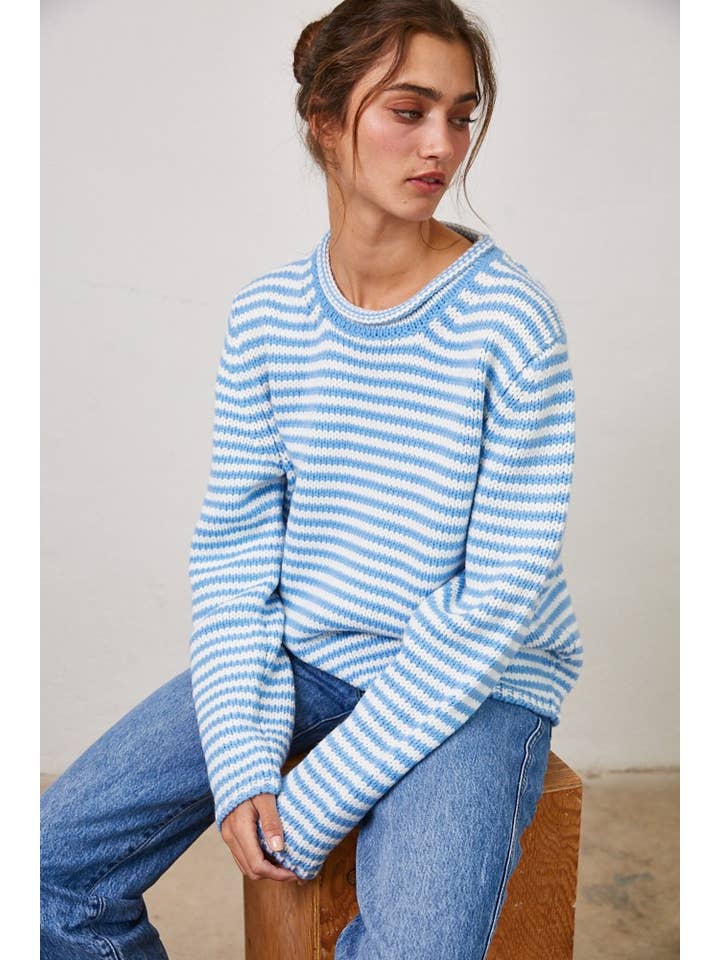Cozy Striped Knit Sweater in Sky Blue
