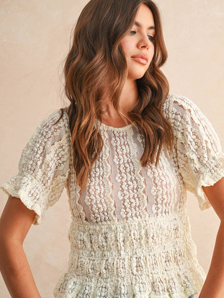 Stylish Cream Short Sleeve Top Never A Wallflower | Elastic Collar Short Sleeve Top Ivory  main image 3