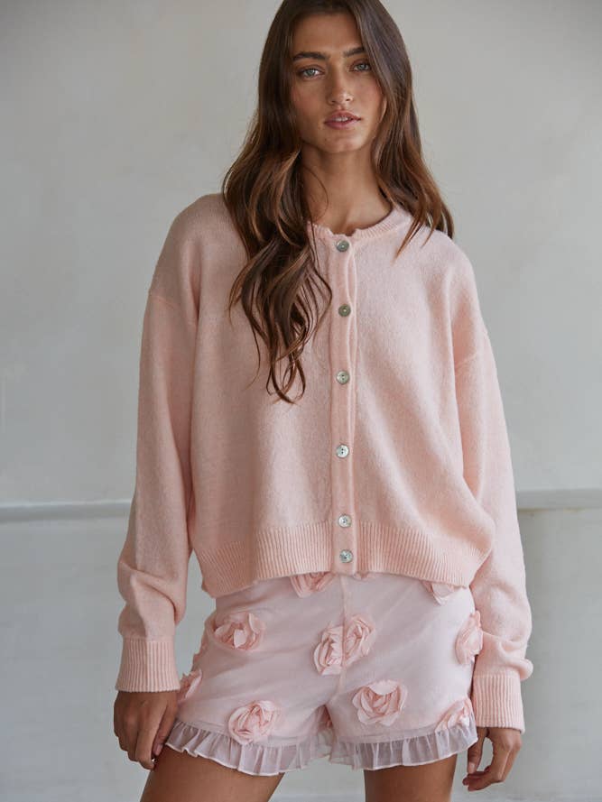Crew Neck Cardigan Sweater in Light Pink