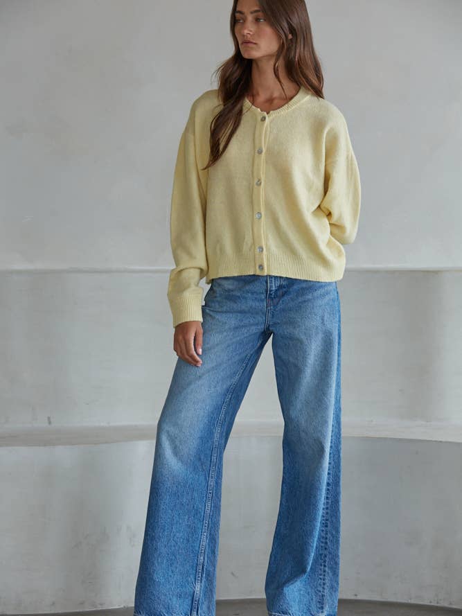 Crew Neck Cardigan Sweater in Light Yellow