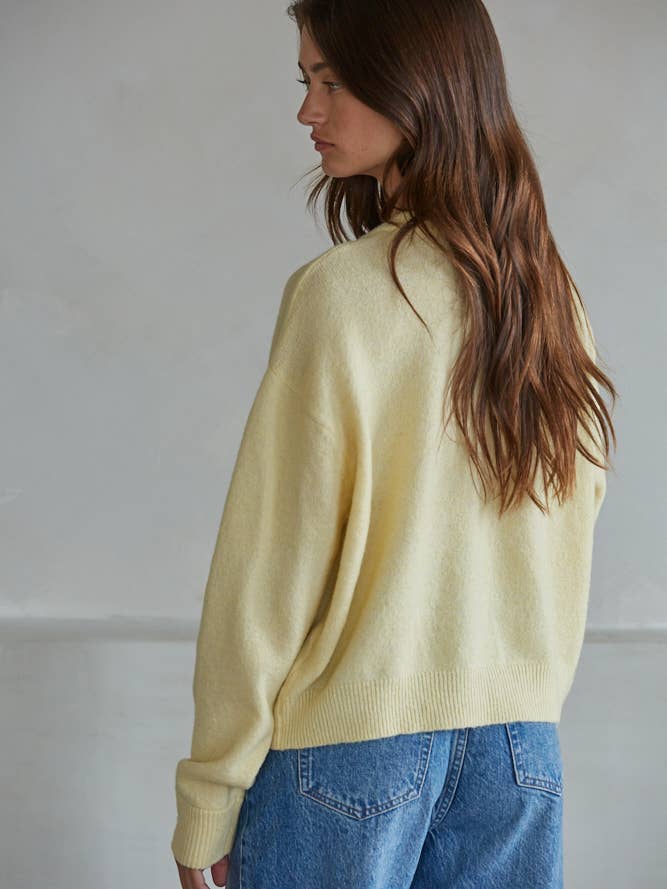Crew Neck Cardigan Sweater in Light Yellow