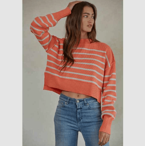 Cropped Knit Striped Sweater in Salmon