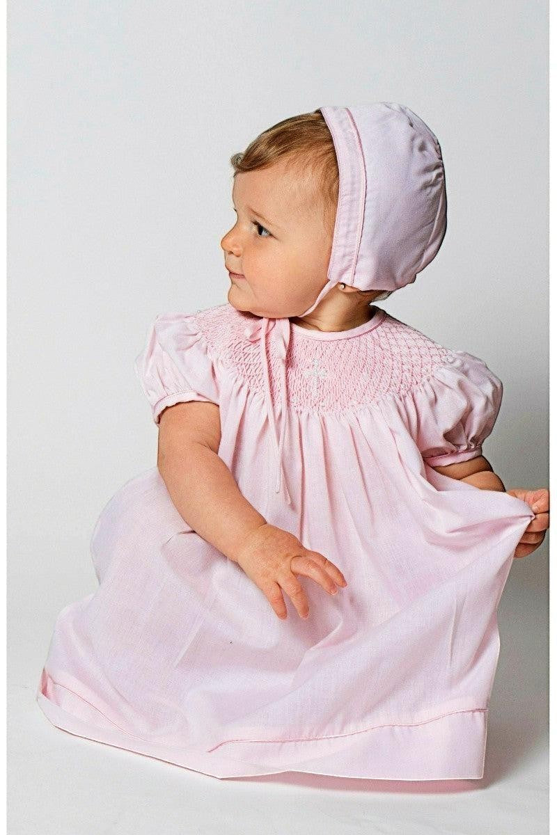 Baby Girl Hand Smocked with Pearl Cross Pink Christening Bishop Dress with Bonnet – Carriage Boutique