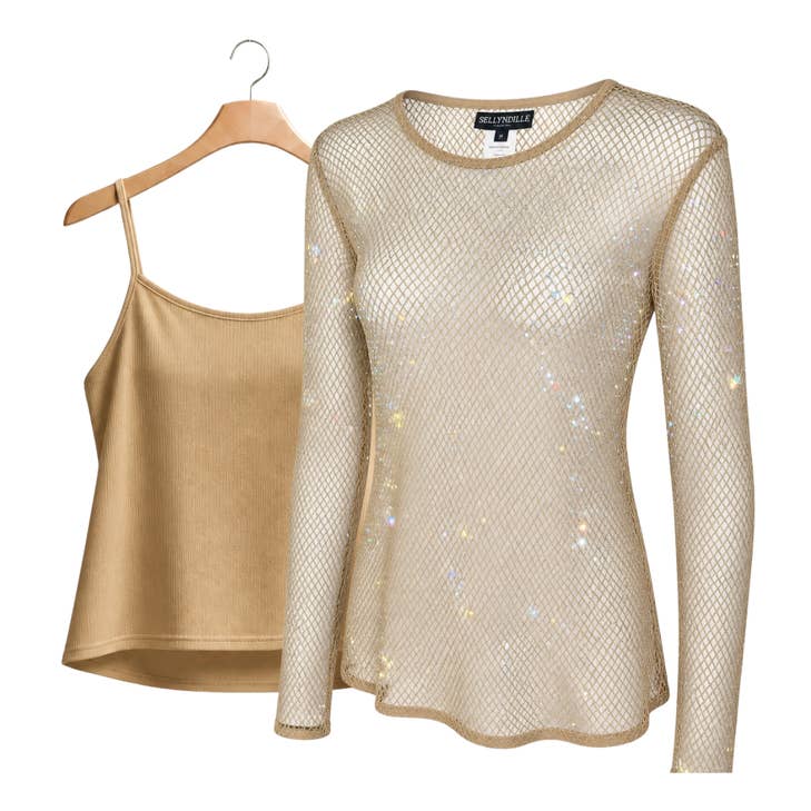 Diamond Mesh Long Sleeve Top with Matching Camisole in Mocha