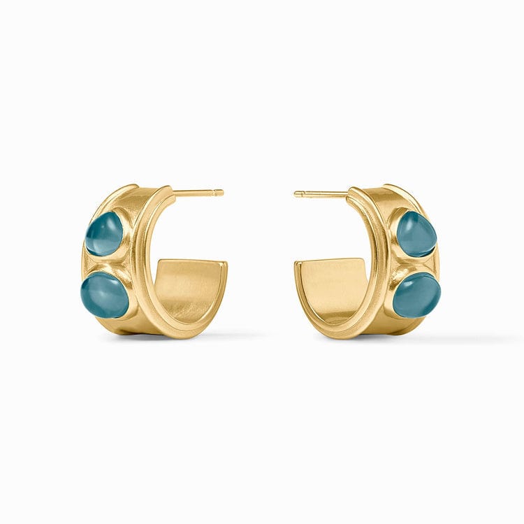 Gold hoop earrings with blue stones 
