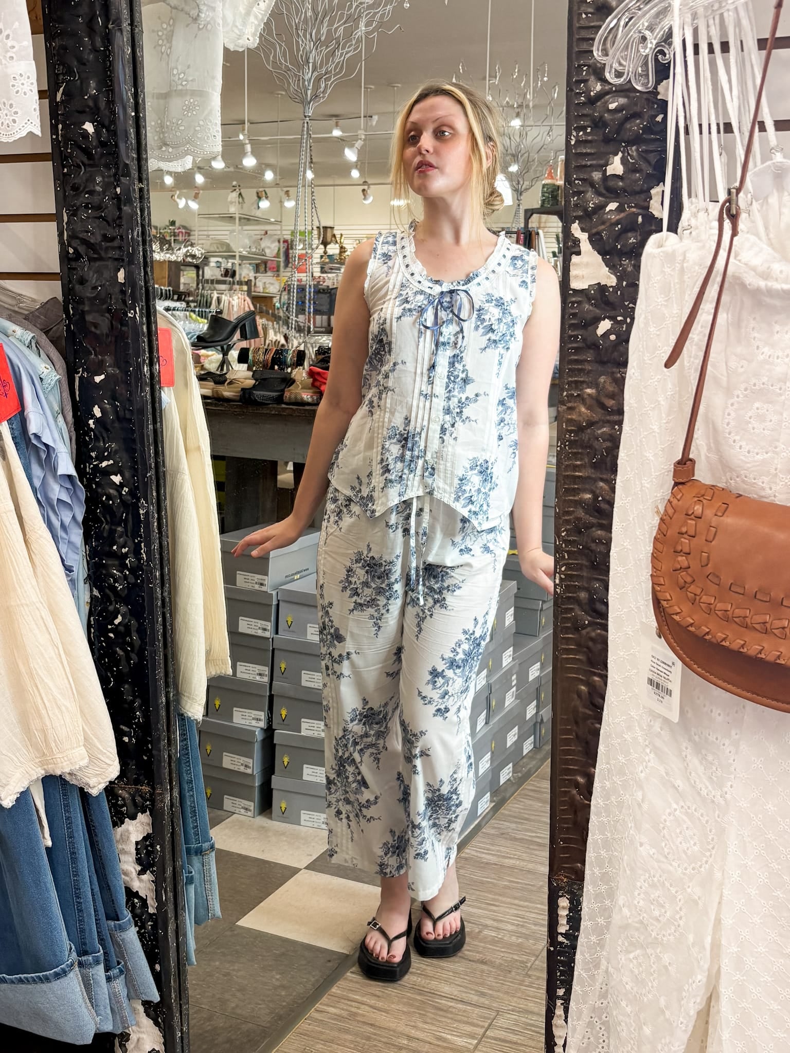 White & Blue Floral Print Sleeveless Top Cotton Pajama Set