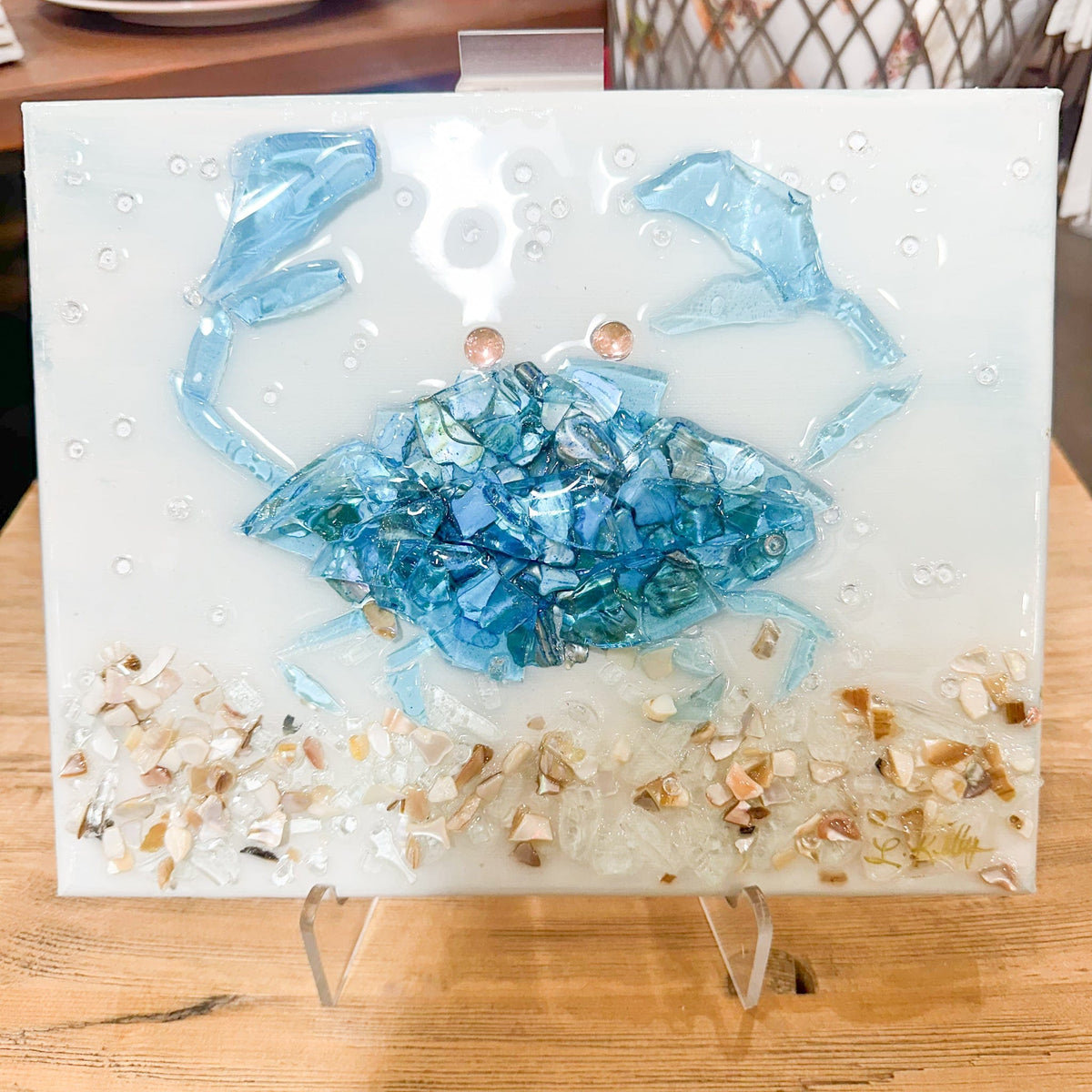 Blue crab glass art work 